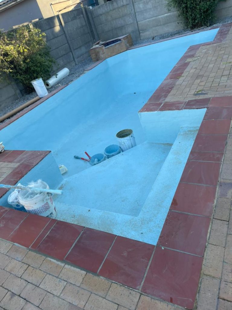 pool relining Kraaifontein in progress - fresh fibreglass lining on the prepped shell