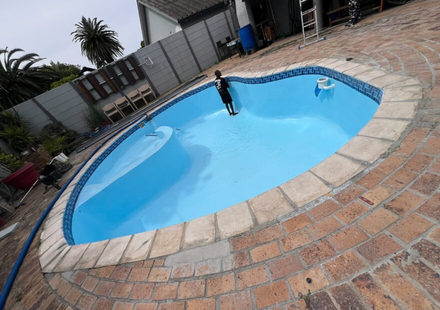 Gunite pool relining Kraaifontein: finished 7x5m fibreglass pool filled, R33,785 VAT included